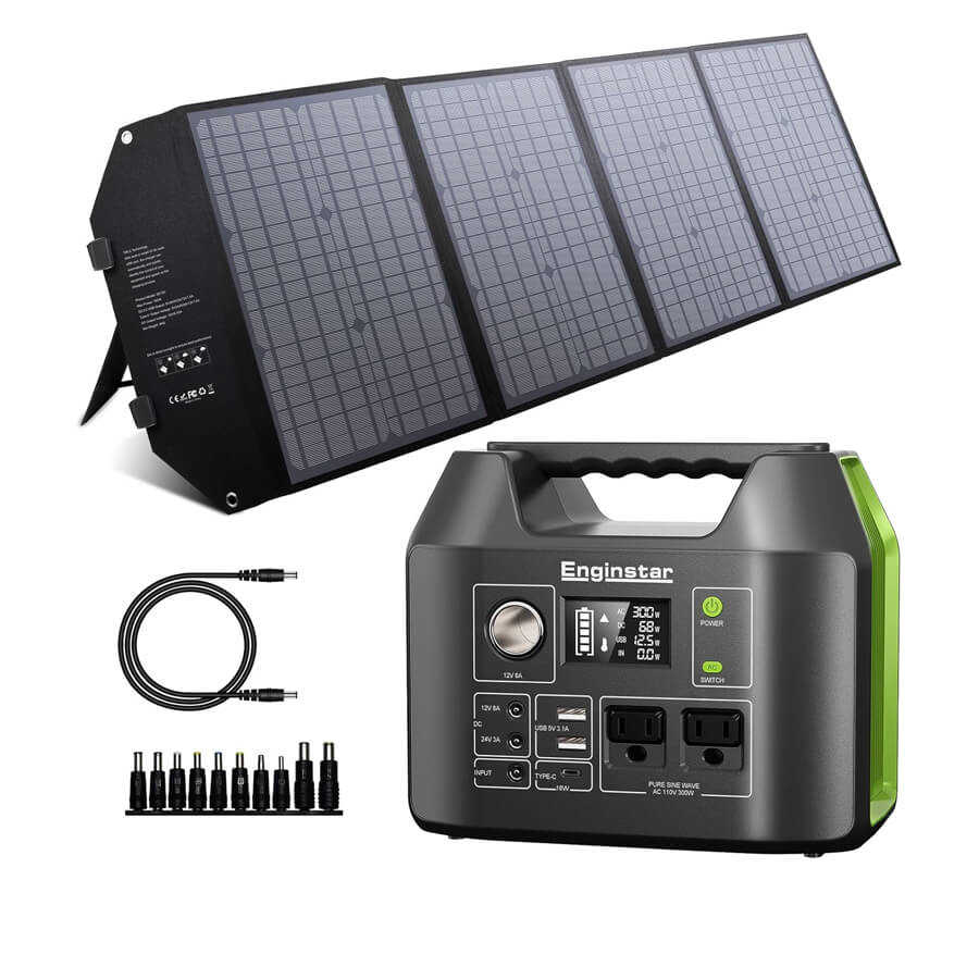 EnginStar Solar Generator 300W Green, 100W Solar Panel, 80,000mAh Portable Power Bank with AC Outlet